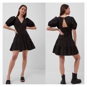 NEW French Connection Birch Poplin Puff Sleeve Dress Size‎ 12 Black 100% Cotton